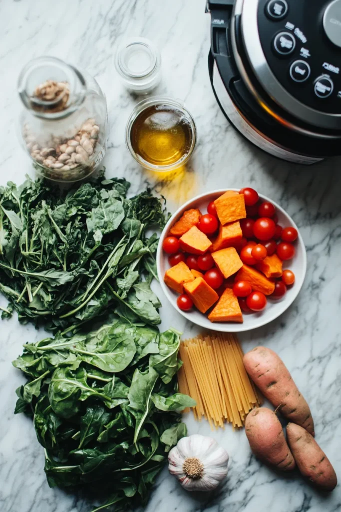 dash diet instant pot recipe ingredients and Instant Pot setup in a sunlit kitchen for a heart-healthy meal.