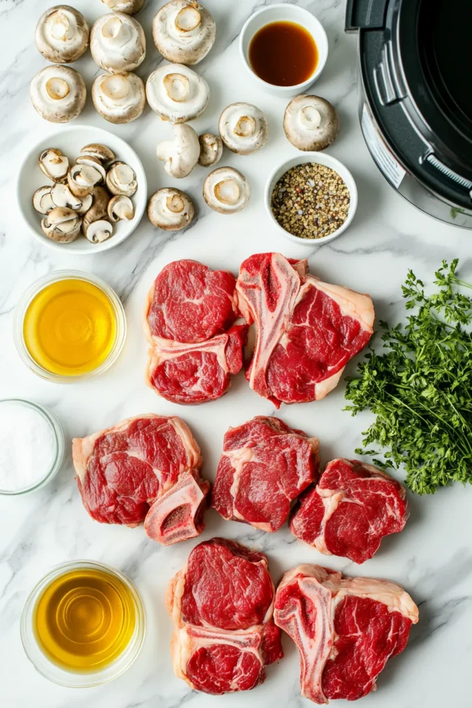 Ingredients for Crock Pot Rib Eye Steak Recipes laid out in a daylight-filled kitchen with an urban view.