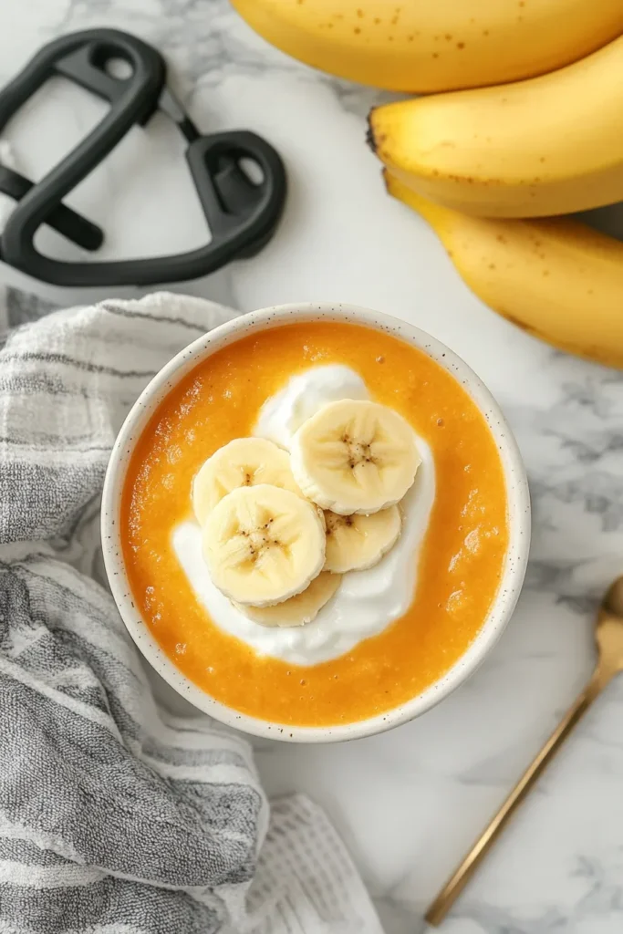 Chilled chukandar juice paired with banana and yogurt for a post-workout snack in a modern kitchen.