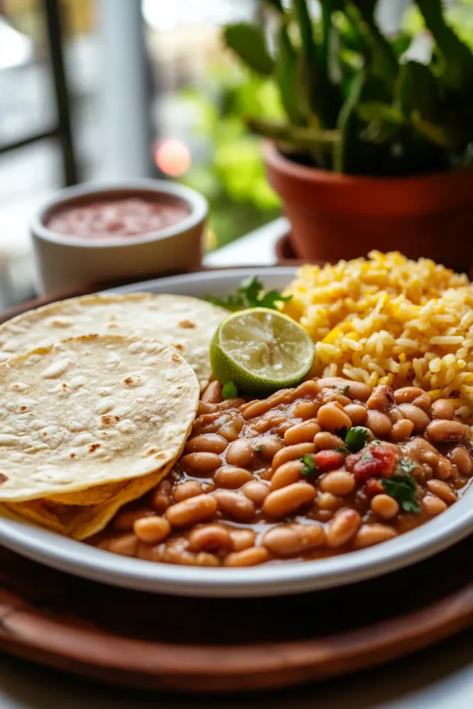 Pinto beans served with rice and tortillas in a cozy, sunlit kitchen with a city backdrop.