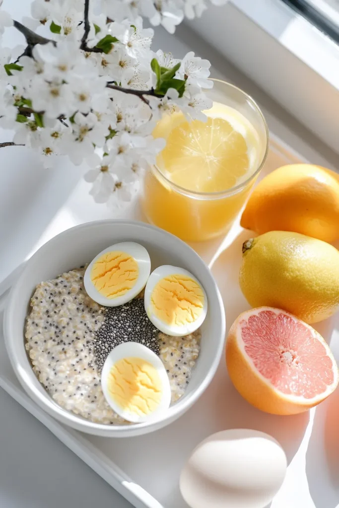 Mounjaro drink served with a healthy light breakfast in a white kitchen with daylight and city view.