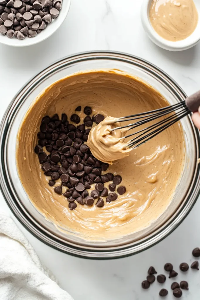 Step-by-step process of slow cooker peanut butter hot chocolate preparation in a white kitchen with urban backdrop.