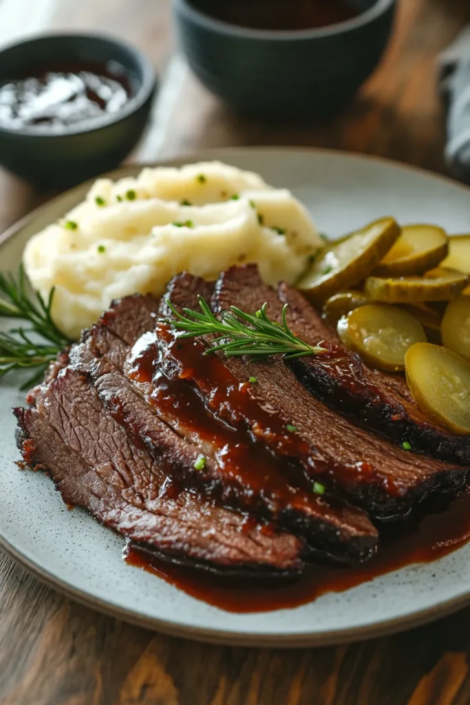 Beef brisket served with barbecue sauce, pickles, and mashed potatoes in a daylight-filled kitchen.