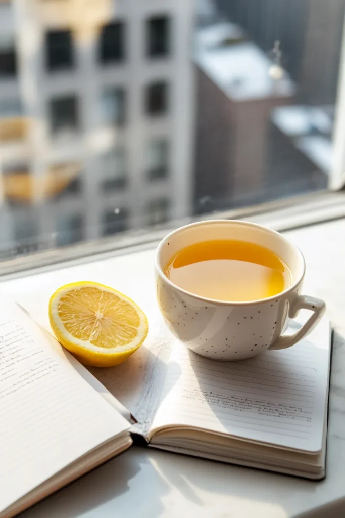 Warm morning Mounjaro drink served beside journal in a daylight-filled white kitchen with city skyline.