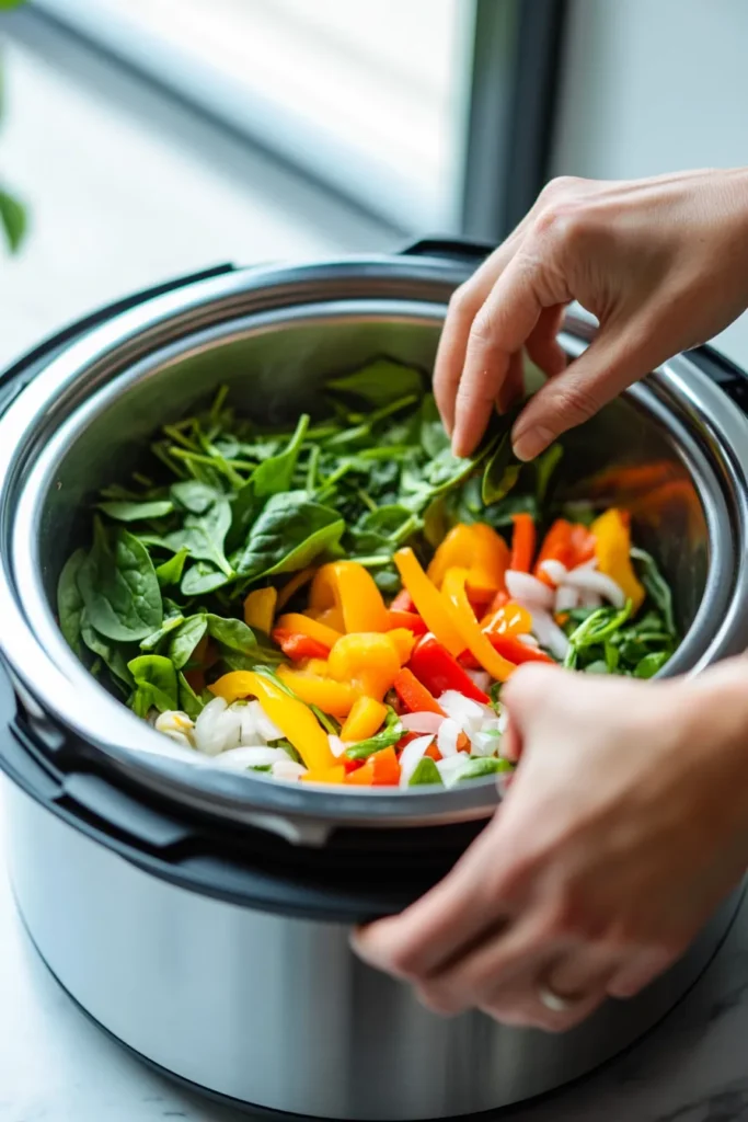 Prepping DASH-friendly ingredients in an Instant Pot in a bright urban kitchen.