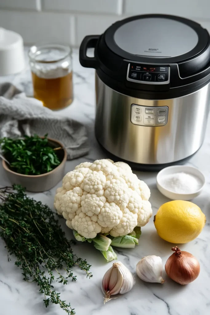 Cauliflower Instant Pot Recipe ingredients neatly displayed on a marble counter in a white daylight kitchen with a skyscraper backdrop.