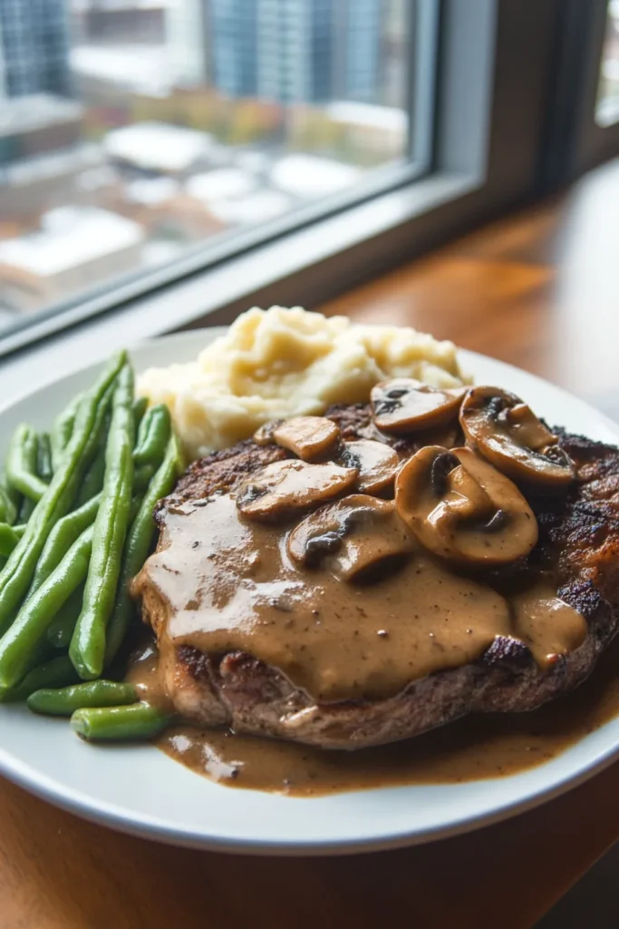 Plated ribeye steak with mushroom gravy and sides in a well-lit urban kitchen.