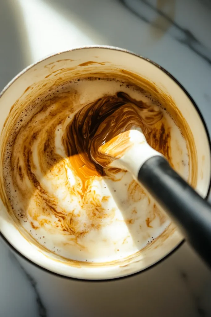 Spiced chocolate pumpkin latte in progress, ingredients melting together in a saucepan in a bright kitchen.
