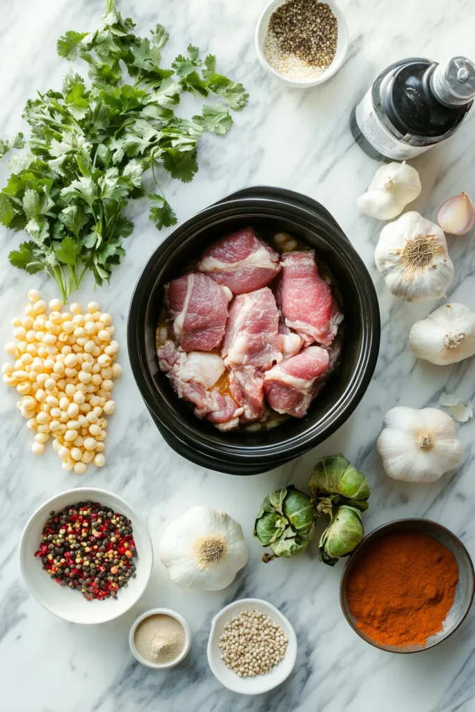 Crock Pot Posole Recipes ingredients and slow cooker setup in a sunlit modern kitchen with cityscape backdrop.
