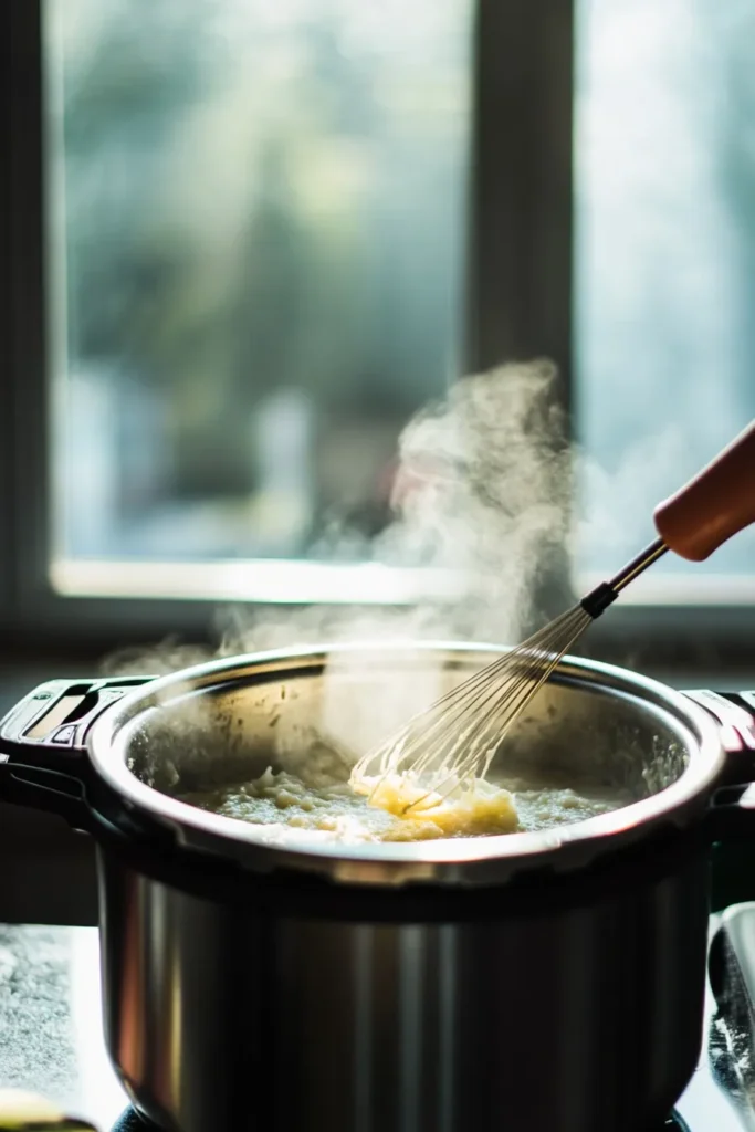 Making creamy gravy in the Instant Pot after cooking cauliflower, with steam rising and light-filled urban kitchen.
