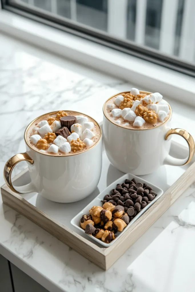 Two mugs of slow cooker peanut butter hot chocolate ready to serve in a city-view kitchen setting.