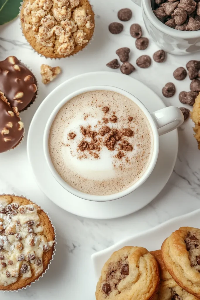 Mugs of spiced chocolate pumpkin latte ready to serve with autumn snacks on a modern countertop.