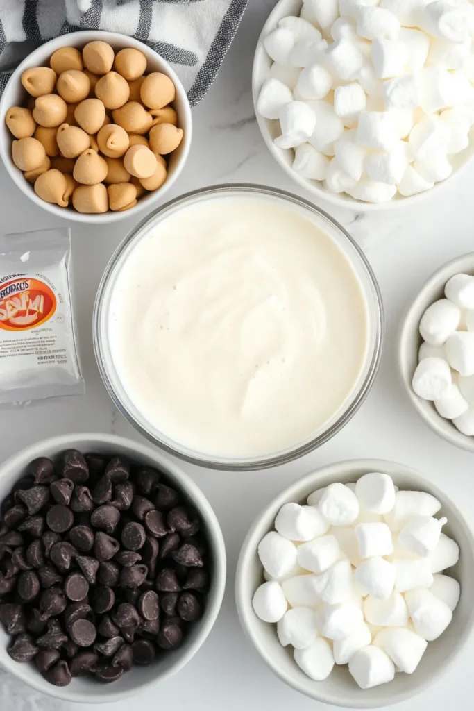 Ingredients for making Slow Cooker Peanut Butter Hot Chocolate Recipe, laid out in a modern white kitchen with city view.