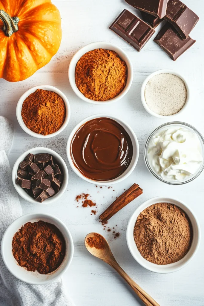 Fresh ingredients for spiced chocolate pumpkin latte recipe displayed on a white counter in a modern kitchen.