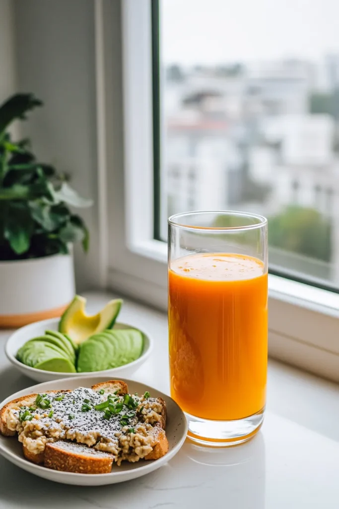 Chukandar juice served with a healthy breakfast including oatmeal and toast in a white kitchen.