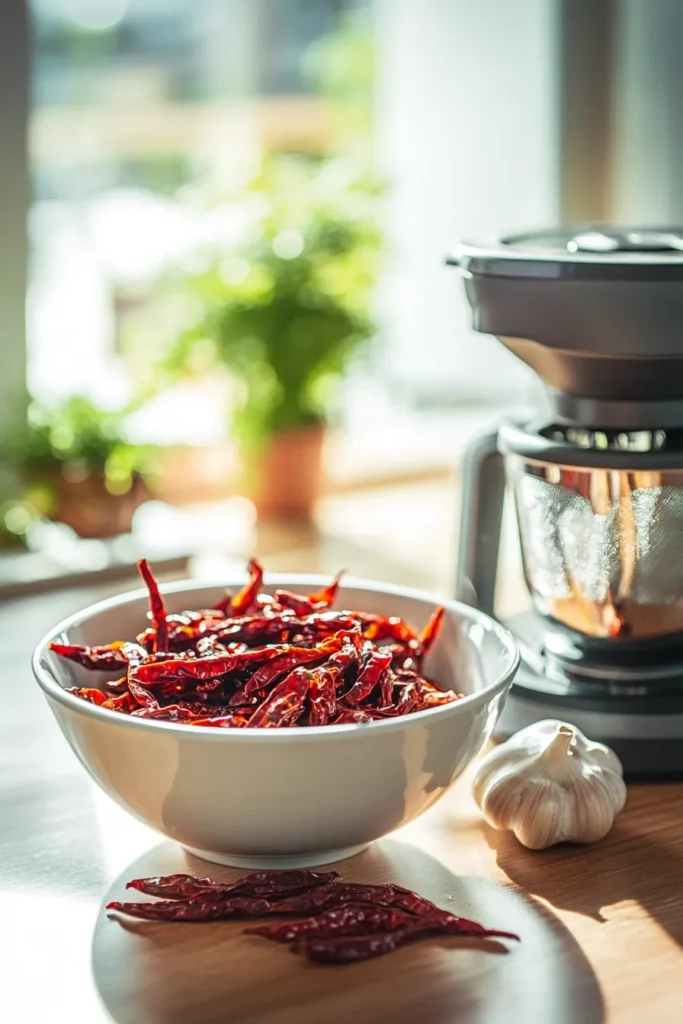 Soaking and blending chile sauce ingredients for crock pot posole in a bright, daylight kitchen.