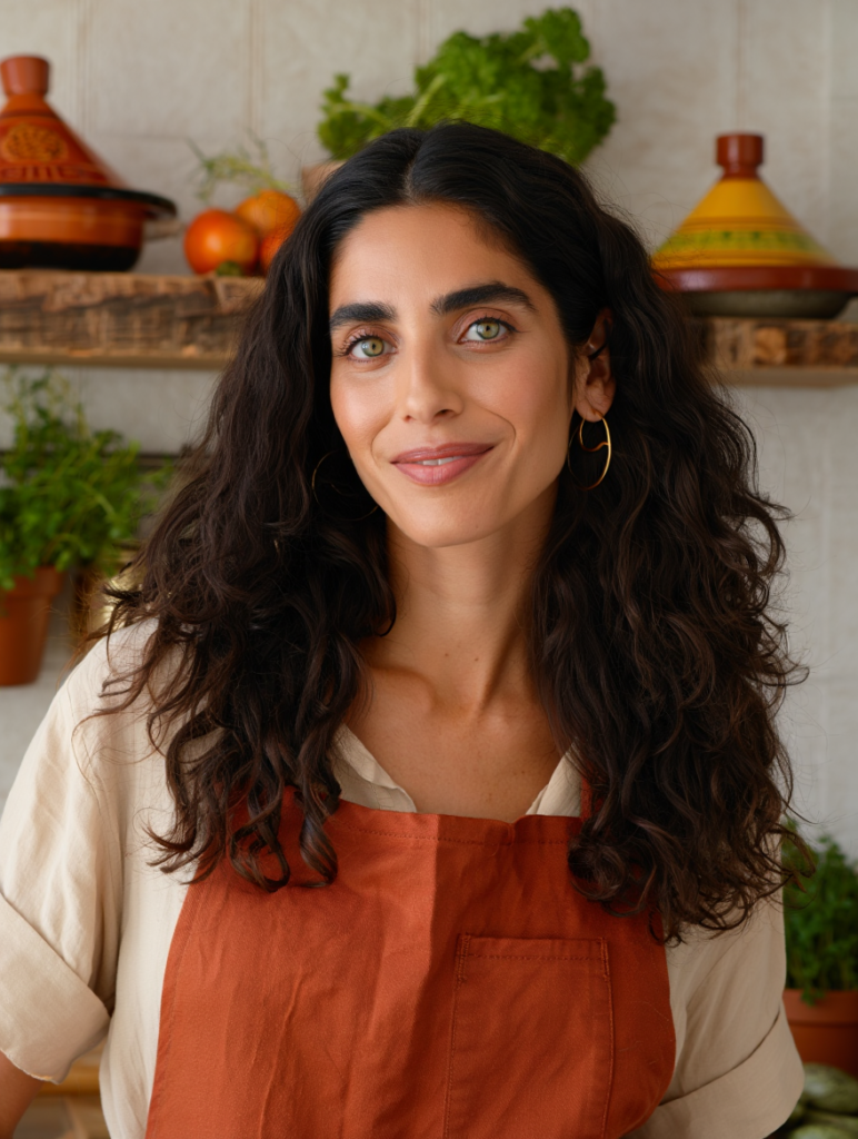 Lebanese-American cook Layla Nour, photographed mid-recipe in her home kitchen