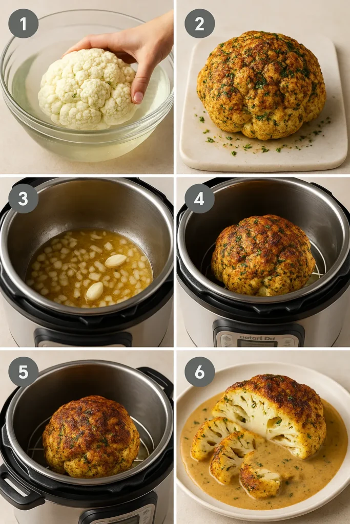 Step-by-step prep of Instant Pot cauliflower in a clean white kitchen with bright natural light and city skyline in view.