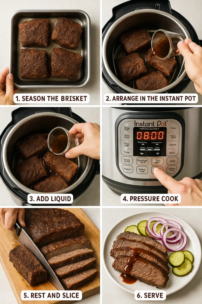 Cross-stacked brisket inside an Instant Pot, ready for pressure cooking in a bright modern kitchen.