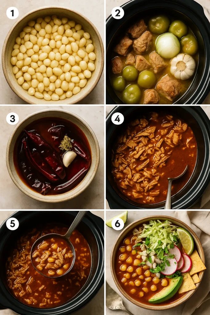 Crock pot filled with pork, salsa, and spices for posole, cooking in a well-lit modern kitchen.