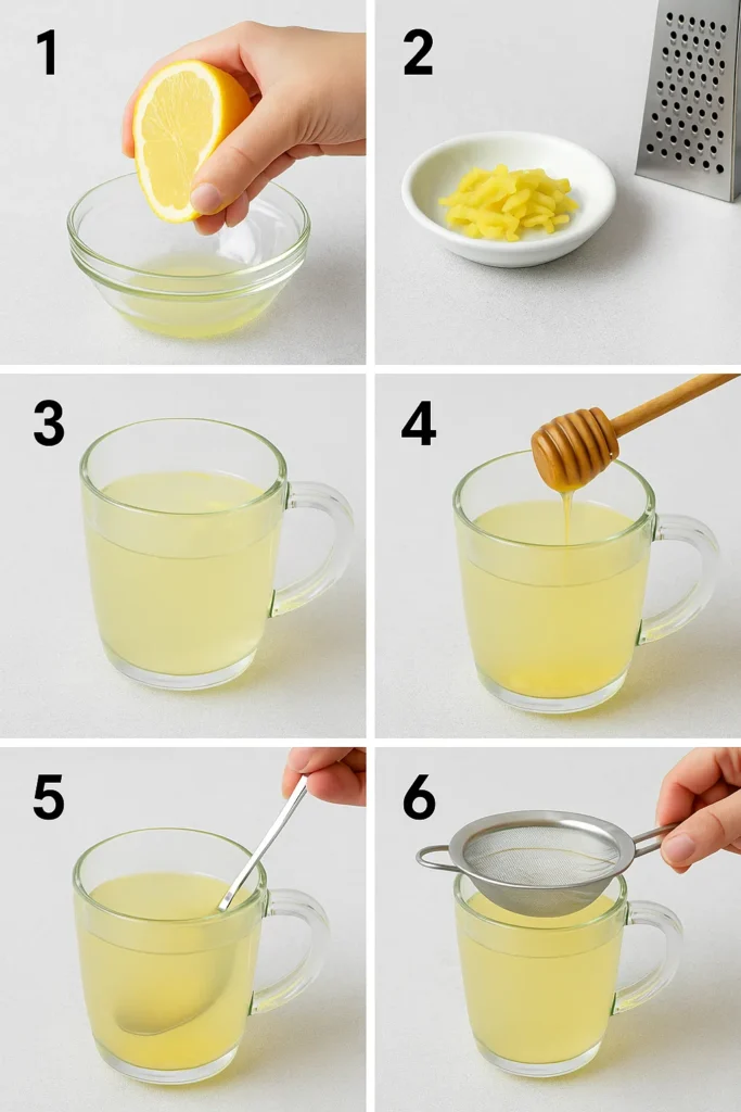Step-by-step prep of Mounjaro drink with lemon and ginger in a modern kitchen with daylight and skyscraper view.